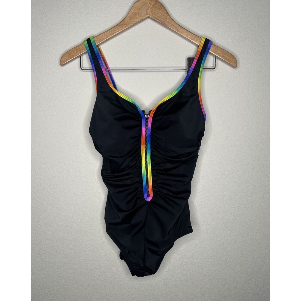 NWT Reebok Women Sz 8 One Piece Black Swimsuit Rainbow Piping Zipper Pride LGBTQ